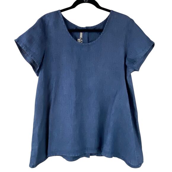 Flax 100% Linen Short Sleeve Tunic Top Size S Blue Button Back Lagenlook - Picture 1 of 8